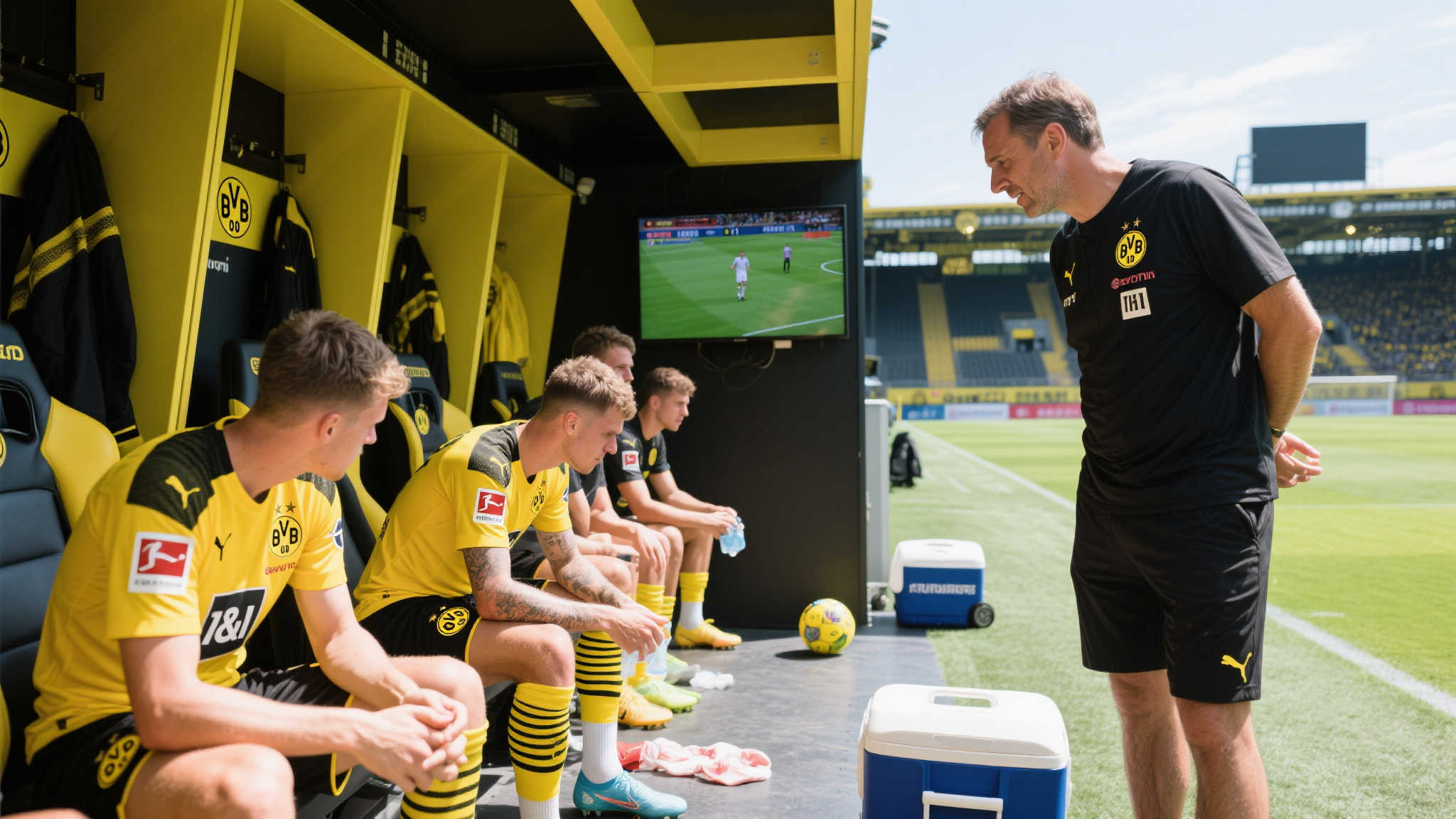 酷暑难耐,多特替补球员更衣室里关注上半场赛事 酷暑难耐,多特替补球员更衣室里关注上半场赛事