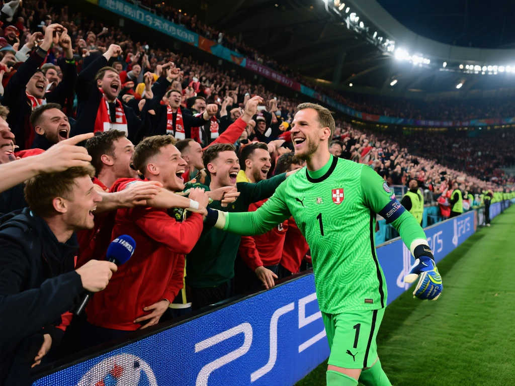 晋级英雄！赛后索默被队友簇拥至球迷面前，接受热烈欢呼与掌声